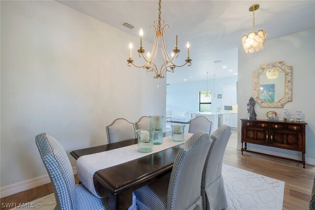 dining area featuring wood-type flooring and an inviting chandelier