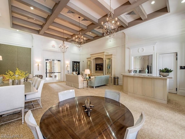 dining room with coffered ceiling, beam ceiling, light colored carpet, and a chandelier