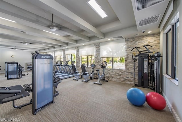 gym featuring carpet and ceiling fan