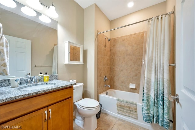 full bathroom featuring shower / bathtub combination with curtain, large vanity, toilet, and tile floors