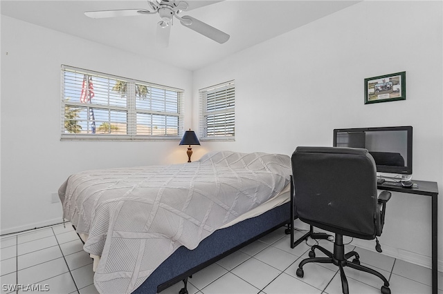 bedroom featuring light tile patterned floors and ceiling fan