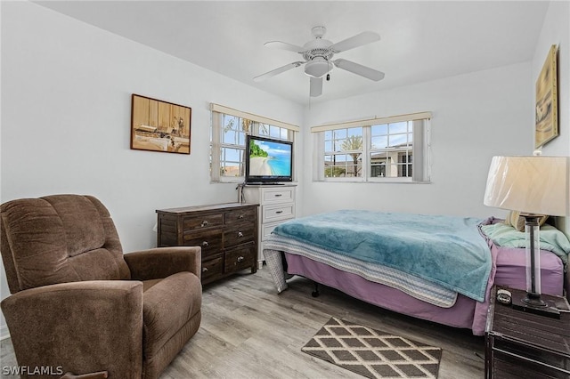 bedroom featuring light wood-type flooring and ceiling fan