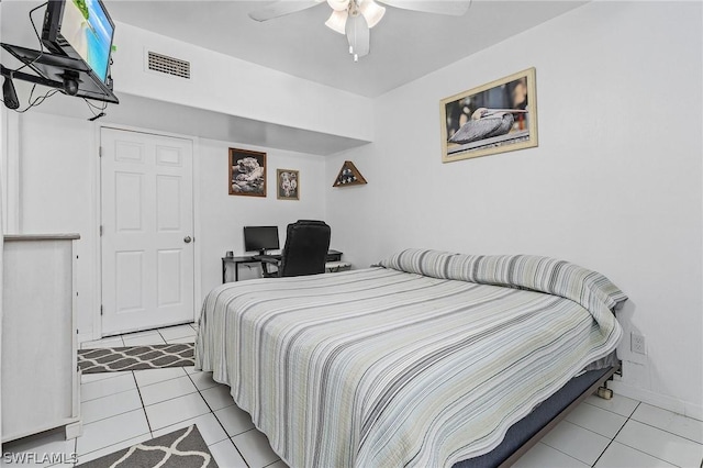 bedroom featuring ceiling fan and light tile patterned floors