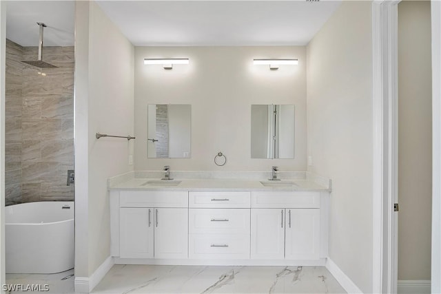 bathroom featuring shower with separate bathtub and vanity