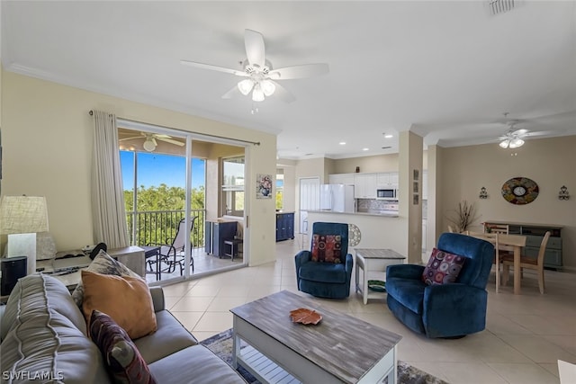 tiled living room with crown molding and ceiling fan