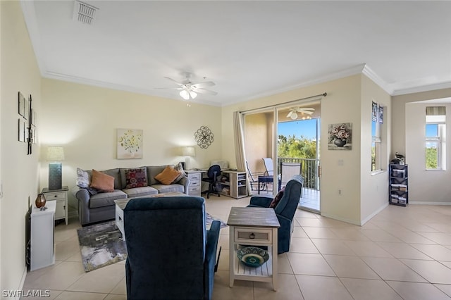 tiled living room with crown molding and ceiling fan