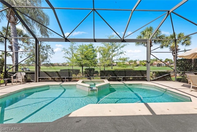 view of pool featuring a patio area, an in ground hot tub, and glass enclosure