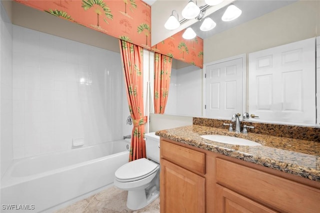 full bath featuring tile patterned floors, vanity, toilet, and shower / bathtub combination with curtain