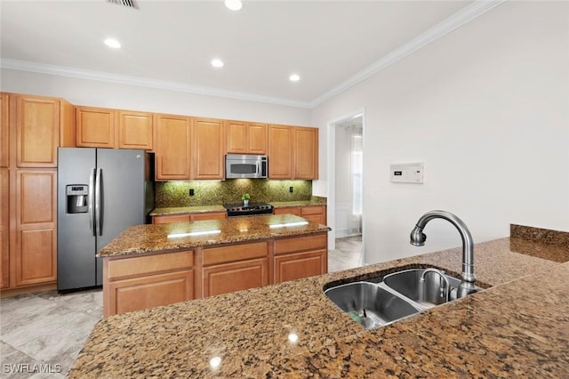 kitchen with sink, light stone counters, tasteful backsplash, ornamental molding, and appliances with stainless steel finishes