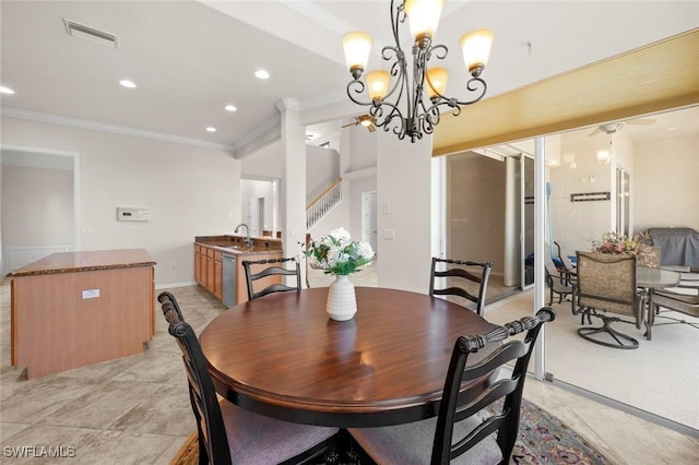 dining room featuring a chandelier, recessed lighting, visible vents, stairway, and crown molding