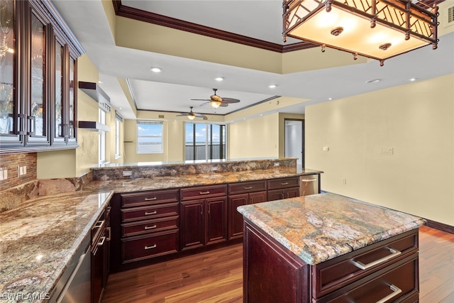 kitchen featuring ceiling fan, a raised ceiling, light stone counters, hardwood / wood-style flooring, and crown molding