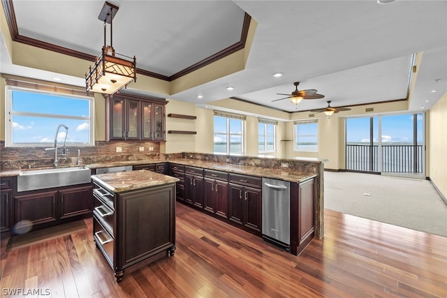 kitchen with a tray ceiling, a center island, dark wood-type flooring, and backsplash