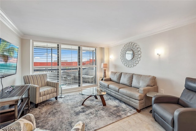 living room featuring crown molding and tile floors