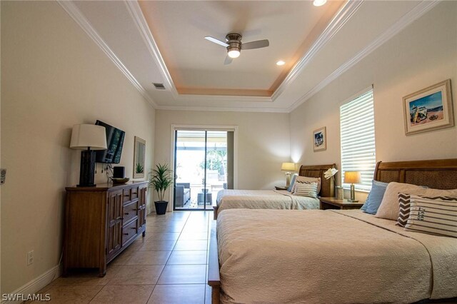 bedroom with ornamental molding, access to outside, a raised ceiling, ceiling fan, and light tile patterned flooring