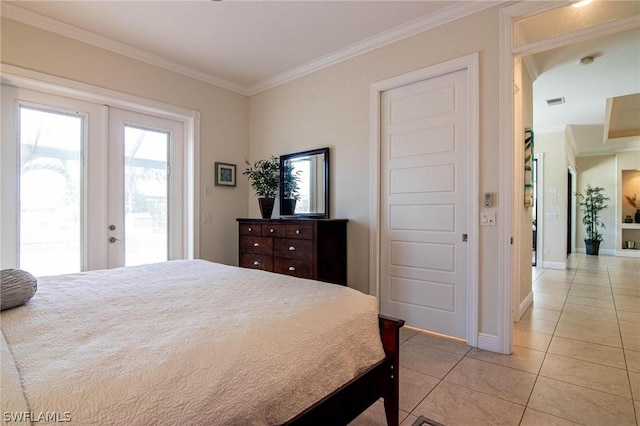 bedroom with access to outside, french doors, light tile patterned floors, and ornamental molding