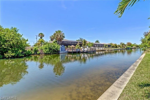 view of water feature with a boat dock