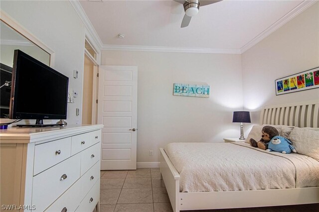 bedroom featuring ceiling fan, crown molding, and light tile patterned floors