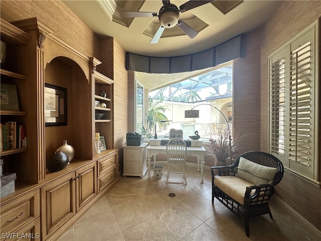 tiled home office featuring built in features and ceiling fan