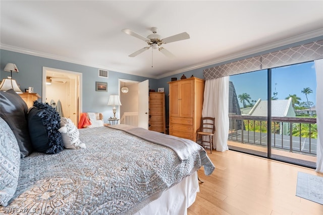 bedroom featuring ceiling fan, light hardwood / wood-style floors, access to exterior, and ornamental molding