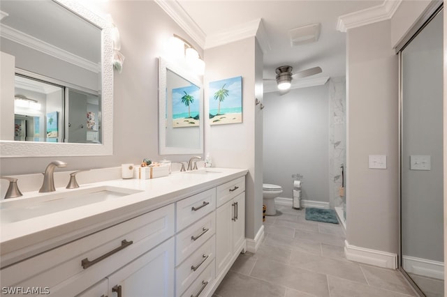 bathroom with double sink vanity, ceiling fan, tile floors, toilet, and ornamental molding