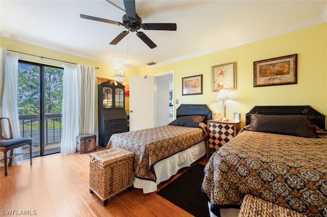 bedroom featuring ornamental molding, wood-type flooring, ceiling fan, and access to exterior