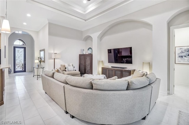 living room with light tile patterned flooring