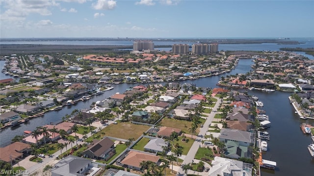 drone / aerial view featuring a water view