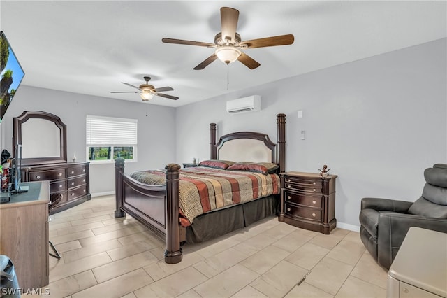 bedroom featuring ceiling fan, an AC wall unit, and light tile flooring