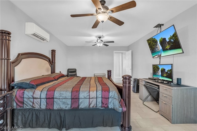 tiled bedroom featuring ceiling fan and a wall mounted air conditioner