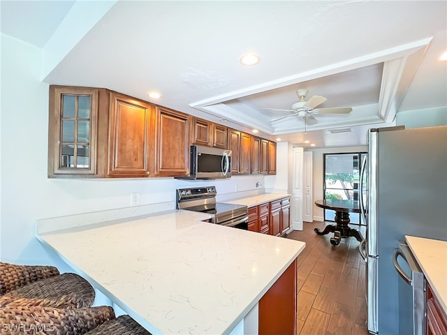 kitchen with appliances with stainless steel finishes, ceiling fan, light stone counters, a raised ceiling, and light wood-type flooring