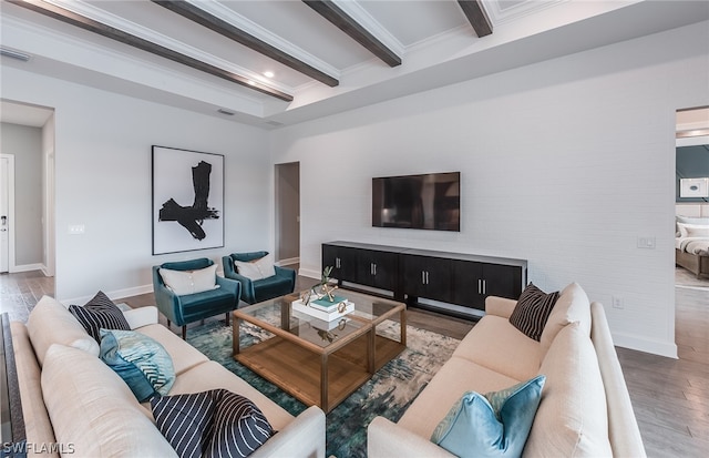 living room featuring beamed ceiling and dark hardwood / wood-style flooring