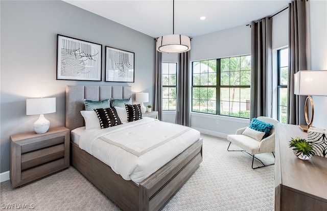 bedroom with light carpet