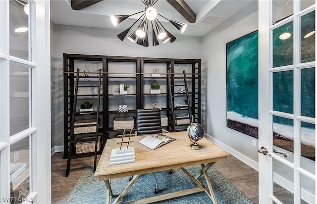 home office with french doors, a notable chandelier, beam ceiling, and hardwood / wood-style floors