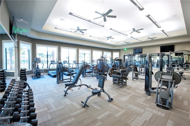 gym featuring light colored carpet, ceiling fan, and a raised ceiling