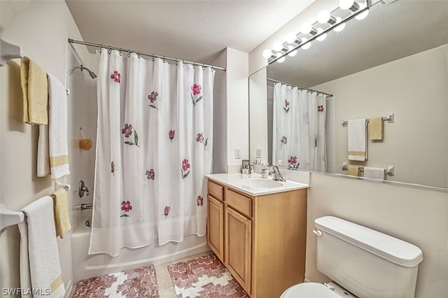 full bathroom featuring shower / bath combo, toilet, tile floors, and large vanity