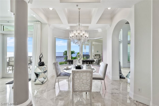 dining room featuring crown molding, light tile flooring, coffered ceiling, beamed ceiling, and a chandelier