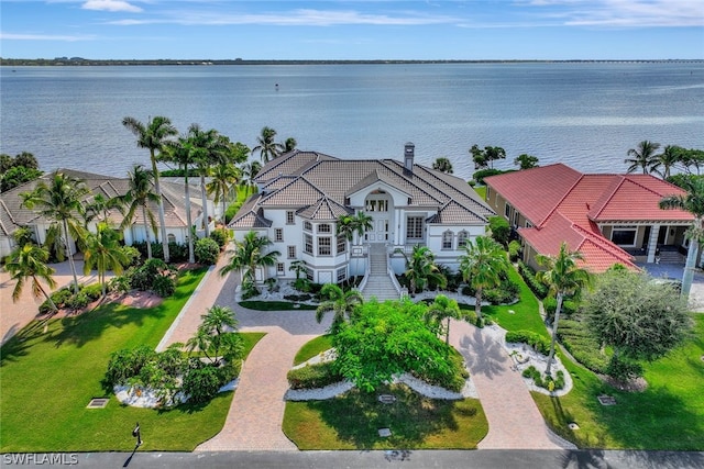 drone / aerial view with a water view