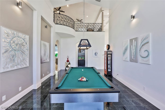 rec room featuring high vaulted ceiling, billiards, ceiling fan, and dark tile flooring