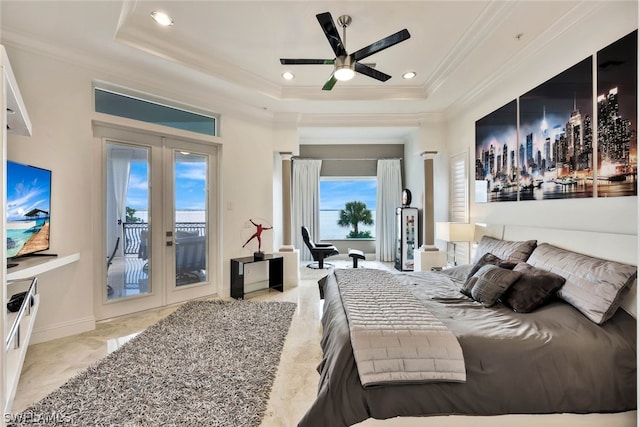 bedroom featuring ceiling fan, light tile floors, a raised ceiling, access to outside, and french doors