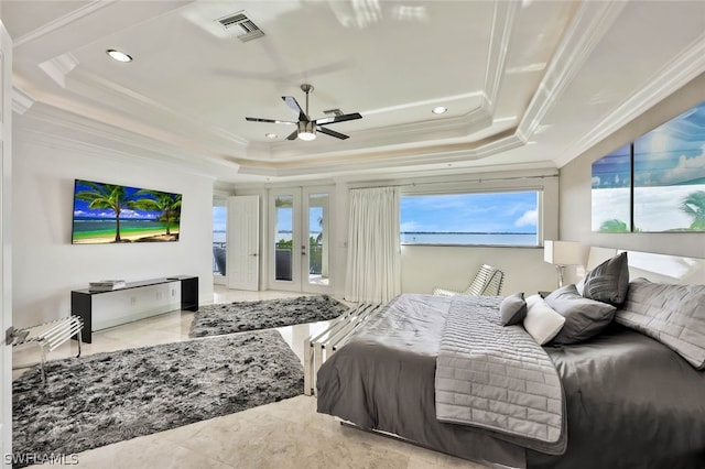 bedroom with a raised ceiling, ceiling fan, and crown molding