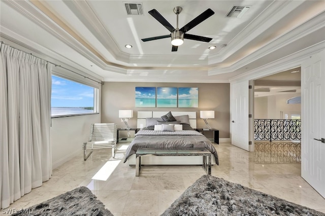 bedroom featuring ceiling fan, light tile flooring, a raised ceiling, and crown molding