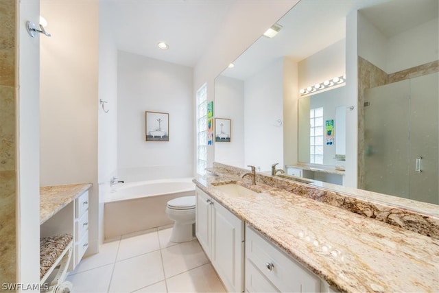 full bathroom with vanity, tile patterned flooring, plus walk in shower, and toilet