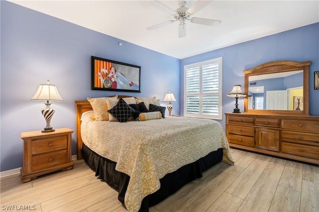 bedroom with ceiling fan and light wood-type flooring