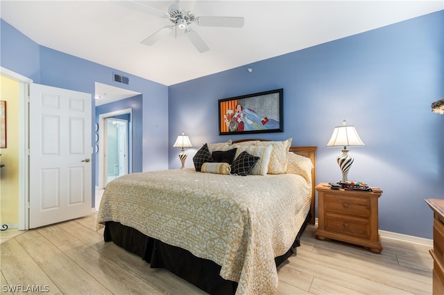 bedroom with ceiling fan and light wood-type flooring