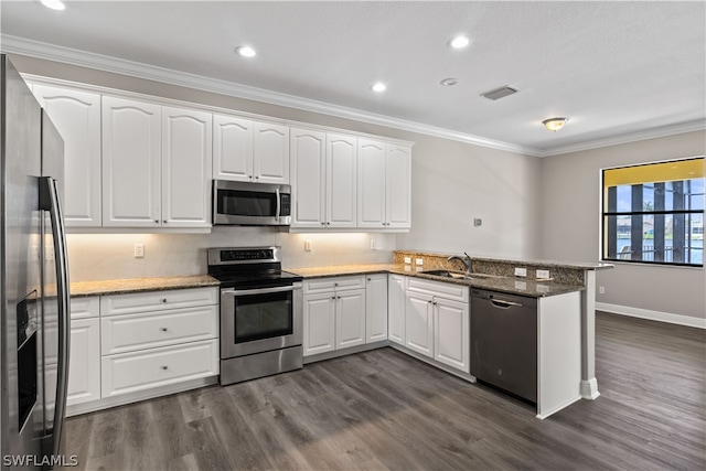 kitchen featuring kitchen peninsula, appliances with stainless steel finishes, and dark hardwood / wood-style flooring