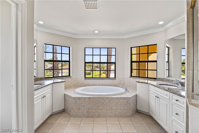 bathroom with tile flooring, vanity, and crown molding