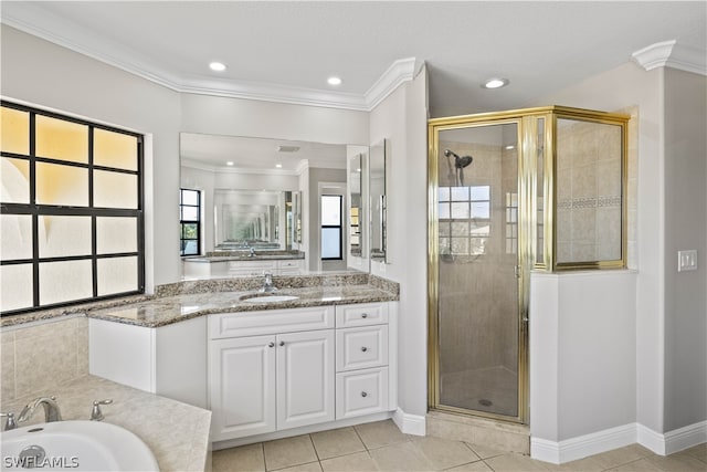 bathroom with an enclosed shower, ornamental molding, large vanity, and tile flooring