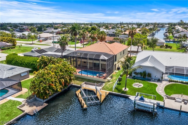 bird's eye view with a water view