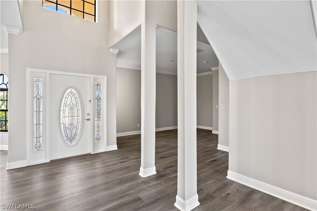 entryway with crown molding, a towering ceiling, and dark hardwood / wood-style floors