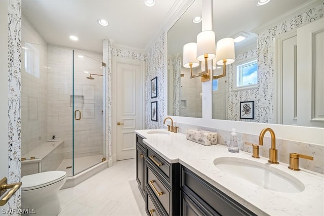 bathroom with an enclosed shower, toilet, double vanity, and crown molding